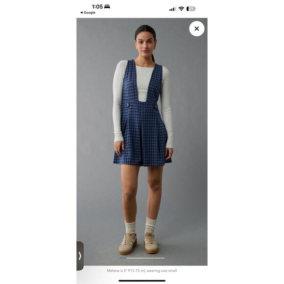 American Eagle It Knit Blue Checkered Pinafore Pleated Mini Dress XL - Picture 6 of 9